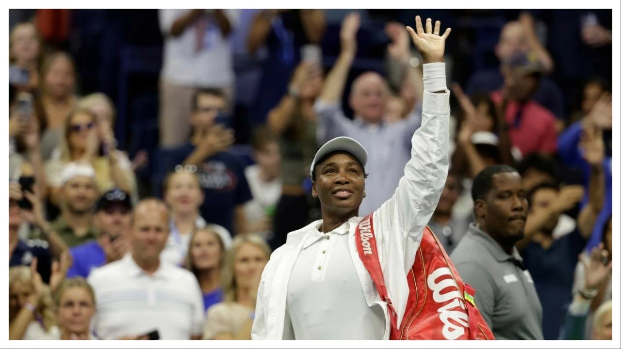 Venus Williams waves to fans after her first round of the US Open on Augist 25 in New York.