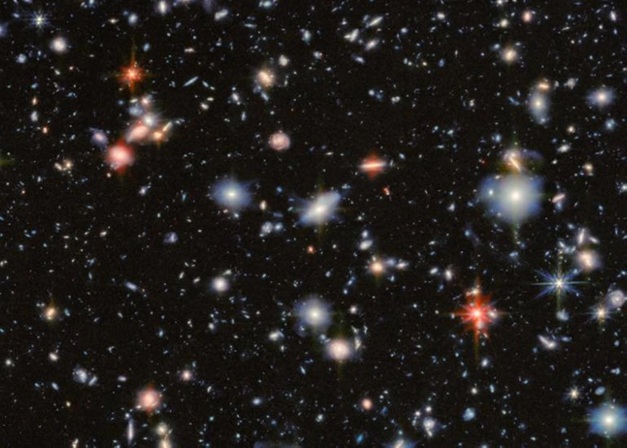 Data from Webb used to create a multicolour view of the Hubble Ultra Deep Field. 