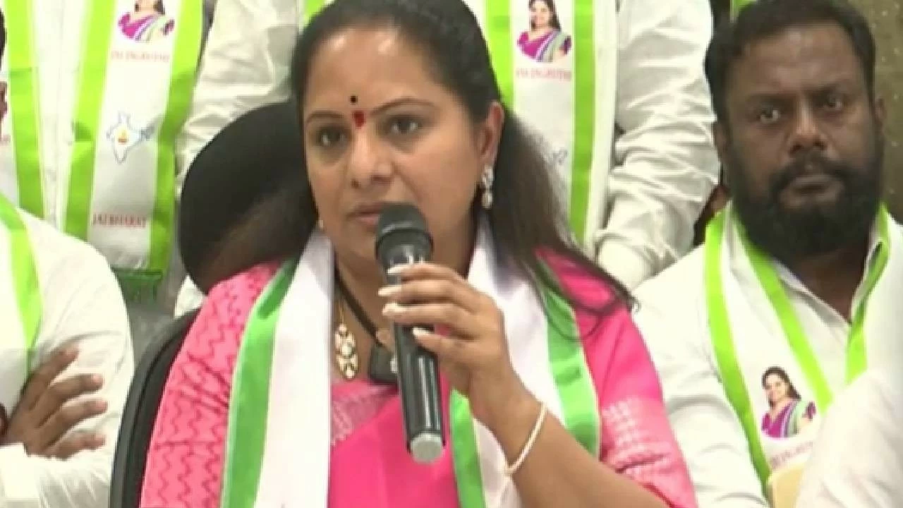 BRS MLC Kavitha at a press conference in Hyderabad.