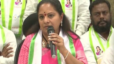 BRS MLC Kavitha at a press conference in Hyderabad.