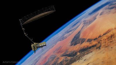 The fully deployed NISAR satellite in orbit. 