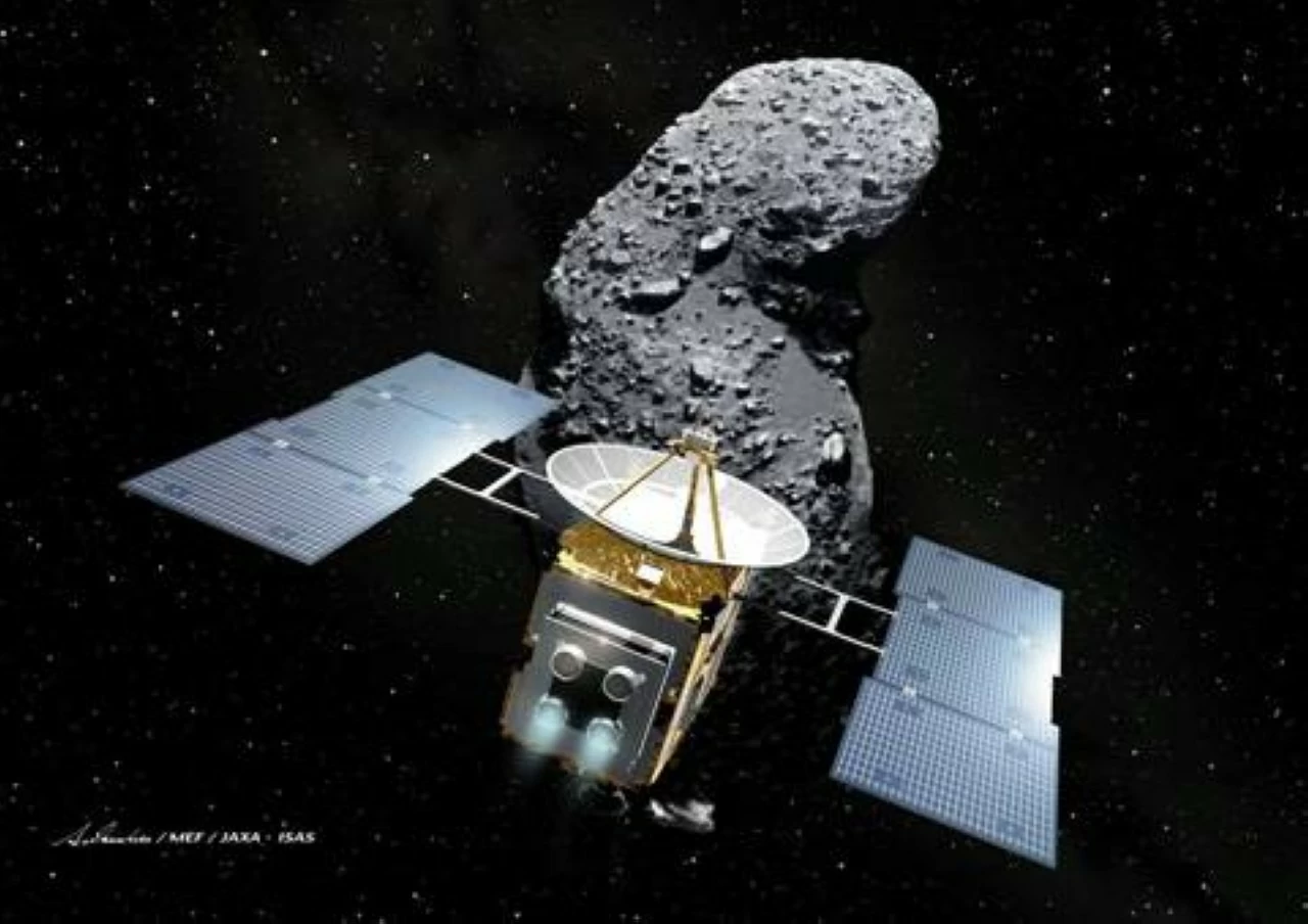 Illustration of the Hayabusa spacecraft at its target. 