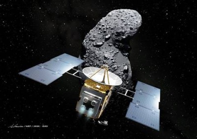 Illustration of the Hayabusa spacecraft at its target. 