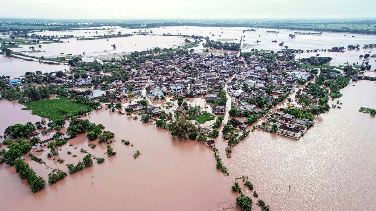  An aerial view of an area partially submerged in floodwater at Ghanaur village, in Patiala district, Punjab