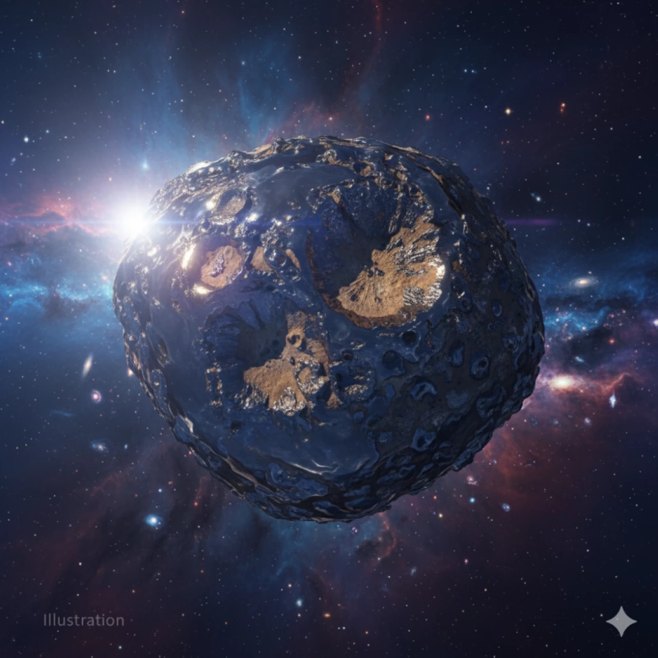 Illustration of the metallic asteroid Psyche enhanced with AI. 