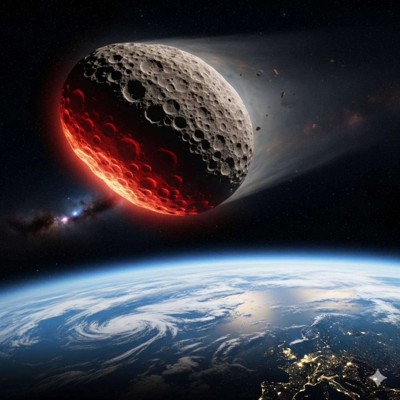 Illustration of an asteroid approaching the Earth. 