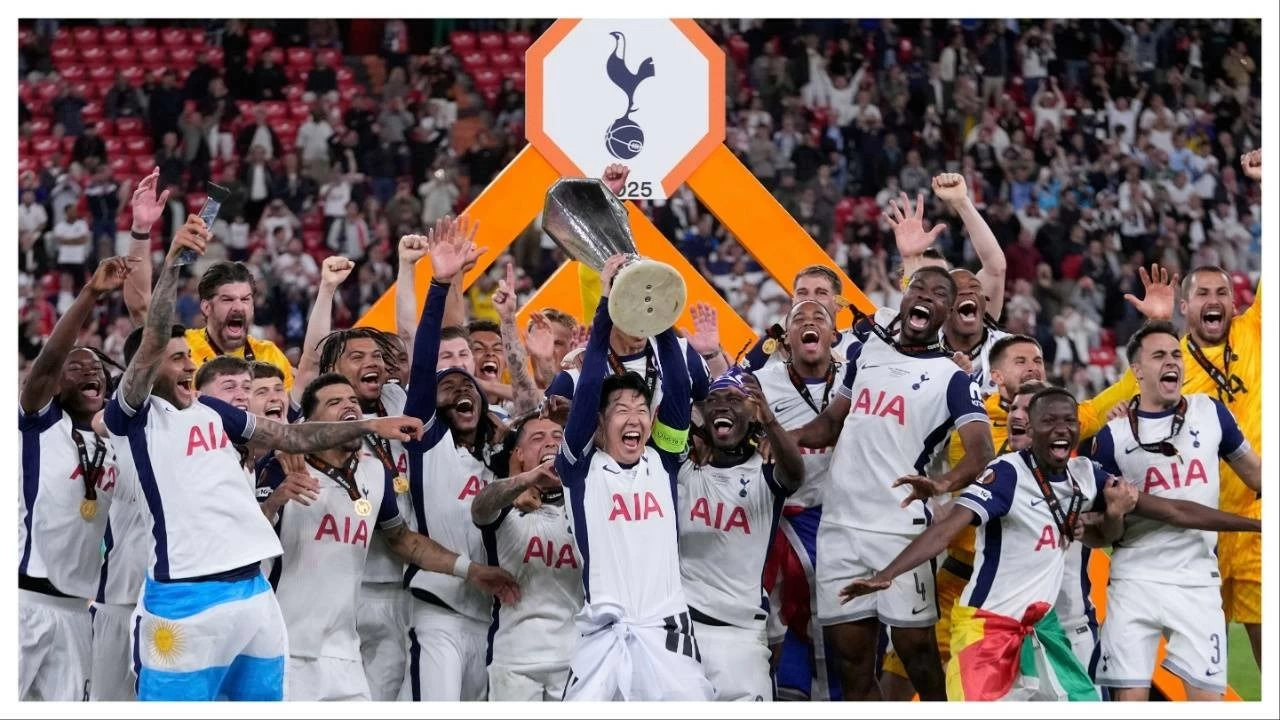 Tottenham players celebrate after winning the Europa League against Manchester United in Bilbao on May 21.