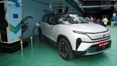 The Harrier.ev being charged with a 120kW fast charger at the newly inaugurated TATA.ev MegaCharger in association with Tata Power near Terminal 2