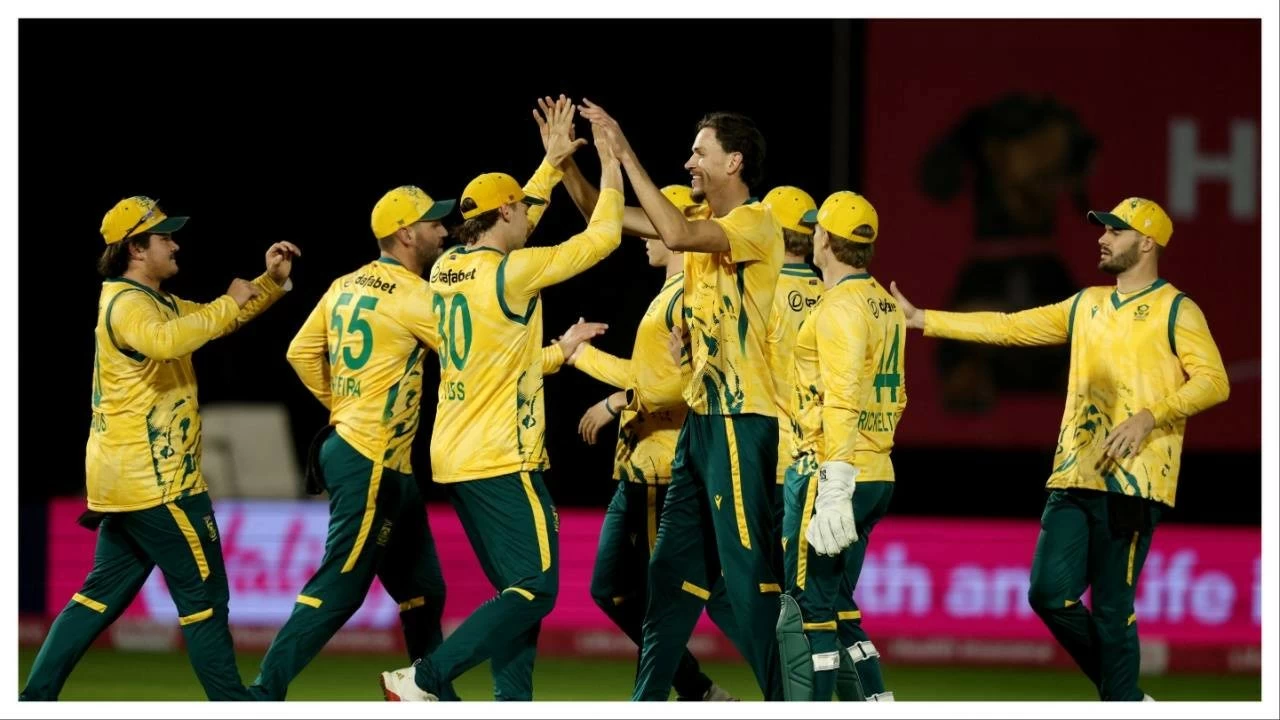 South Africa's Marco Jansen celebrates with teammates after taking the wicket of England's Jacob Bethell.