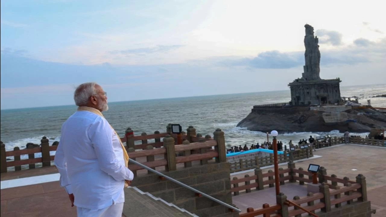 Prime Minister Narendra Modi at the iconic Vivekananda Rock Memorial in Kanyakumari, Tamil Nadu. (Photo: @amitmalviya/X)