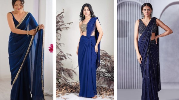 Blue saree styling ideas for Navratri 2025