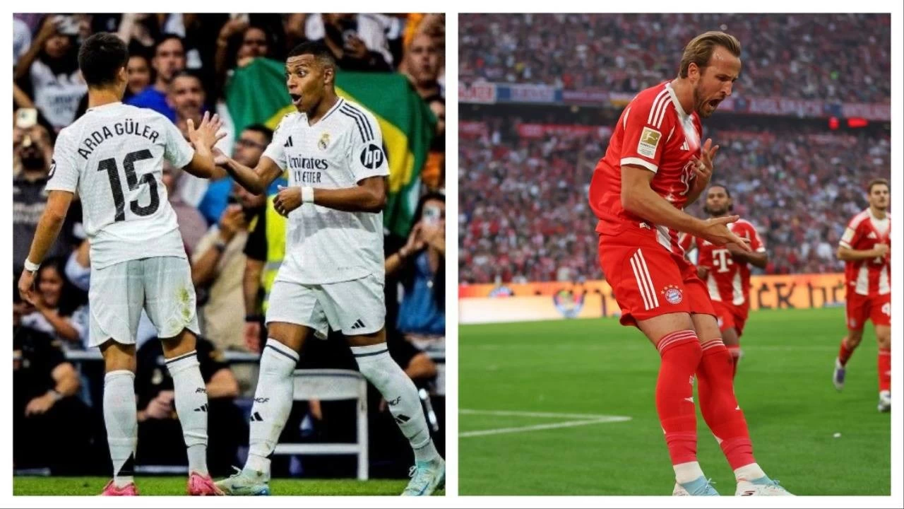 Goalscorers Kylian Mbappe, Arda Guler and Harry Kane in action after finding the net for their teams.