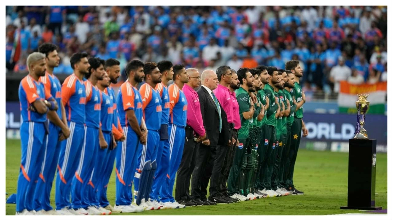India and Pakistan teams at Dubai International Cricket Stadium in Dubai on Sunday.