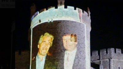 An image showing Trump with Epstein that was projected on the walls of Windsor Castle (X/@WUTangKids)