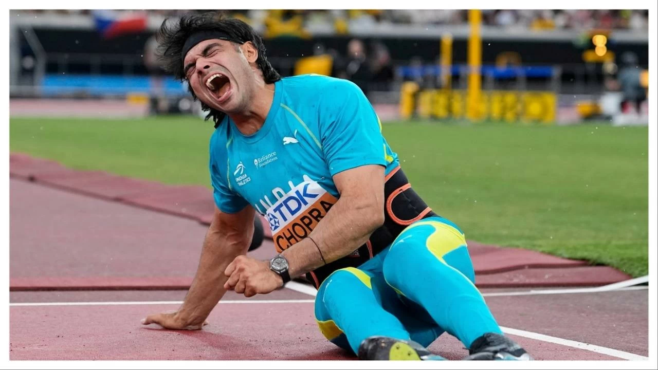 Neeraj Chopra reacts at the World Athletics Championships in Tokyo on Thursday.