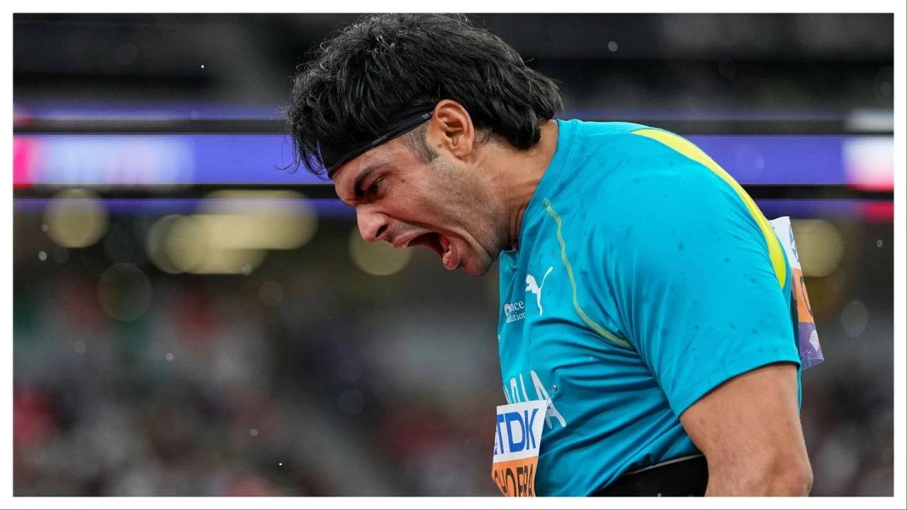 Neeraj Chopra reacts in the men's javelin throw final at the World Athletics Championships in Tokyo on Thursday. 