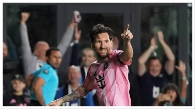Inter Miami's Lionel Messi celebrates scoring against Sporting Kansas City in a CONCACAF Champions Cup on Feb. 25. 