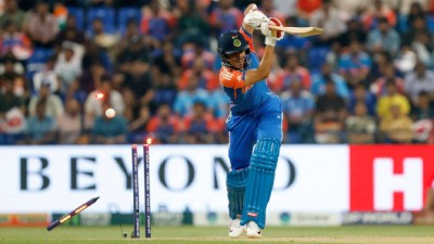 Shubman Gill of India is bowled during the match between India and Oman at Zayed Cricket Stadium on September 19, 2025 in Abu Dhabi, United Arab Emirates.