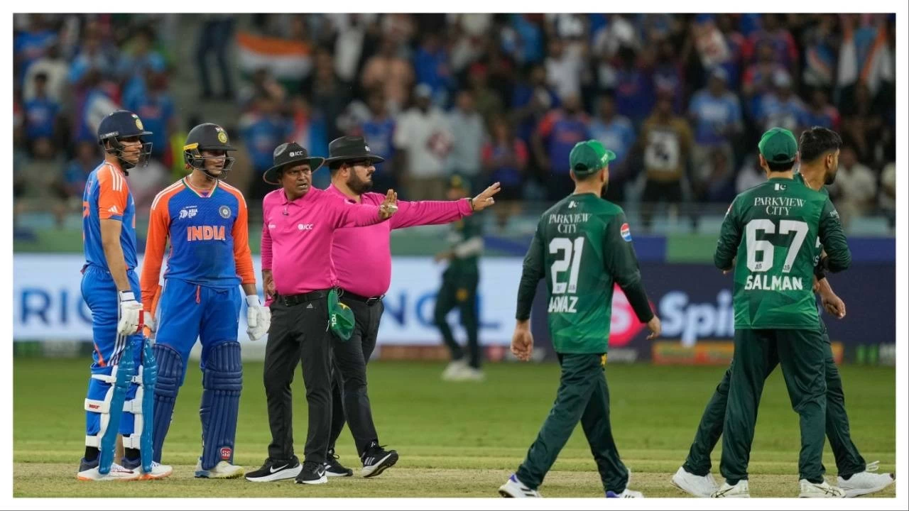 Umpires mediate between India&#039;s players Abhishek Sharma, Shubman Gill and Pakistani players on Sunday.