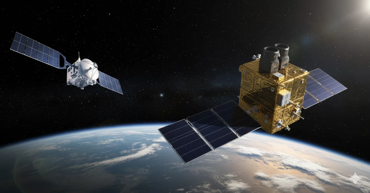 Illustration of one satellite approaching another in Earth orbit. 