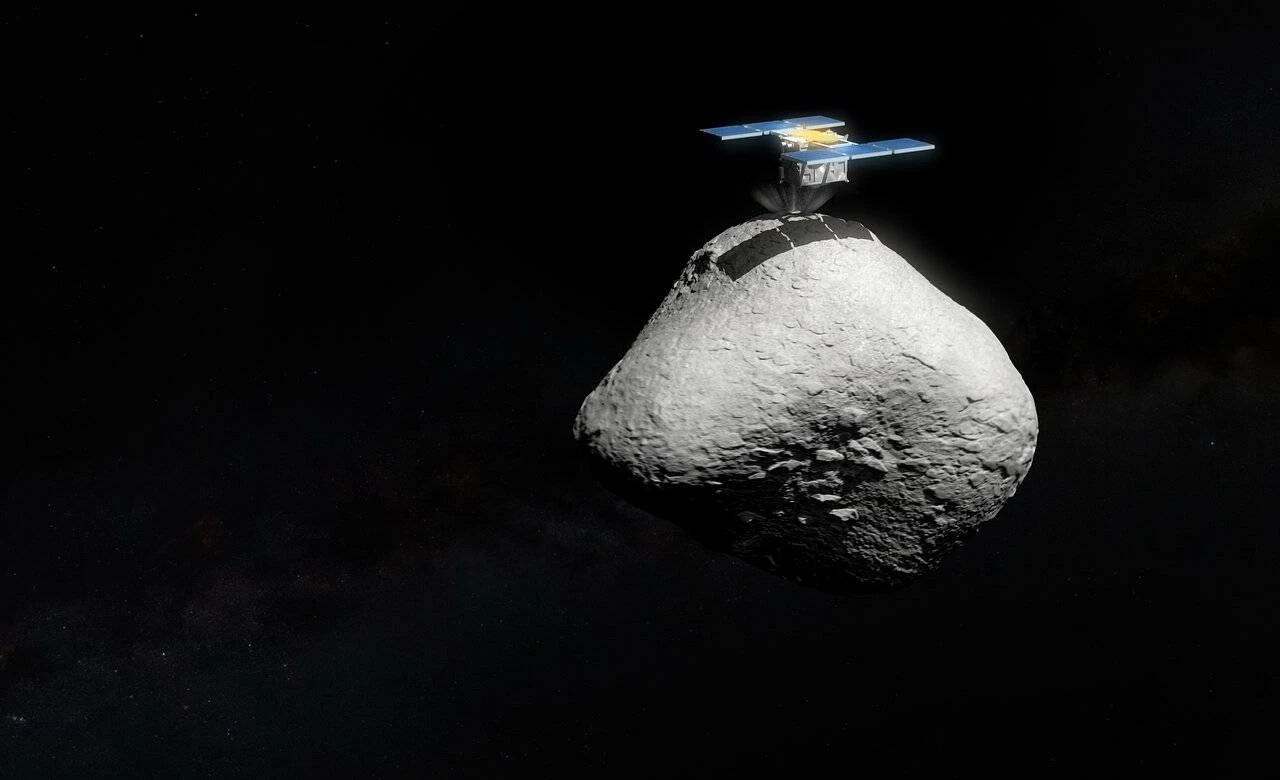 An illustration of Hayabusa2 on its target asteroid. 