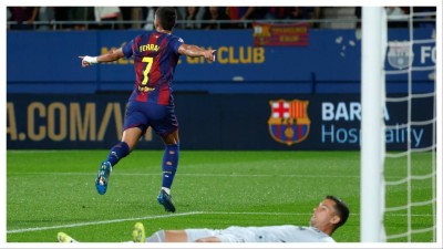 Barcelona's Ferran Torres celebrates during their La Liga match against Getafe at the Johan Cruyff stadium in Barcelona on Sept 21.