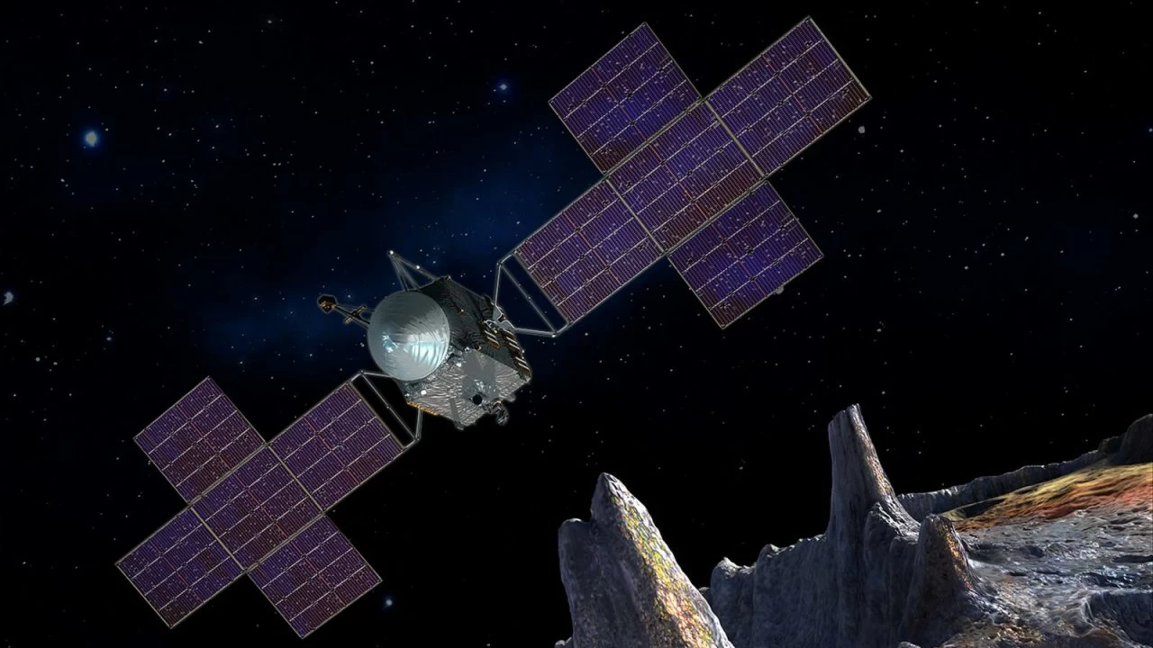 Illustration of the Psyche spacecraft at the asteroid. 