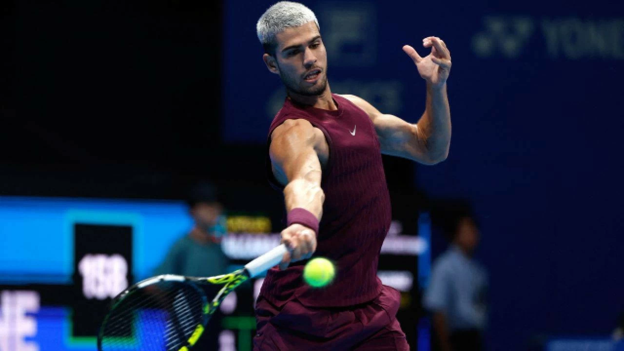 Spain's Carlos Alcaraz in action during his round of 32 match against Argentina's Sebastian Baez at Japan Open