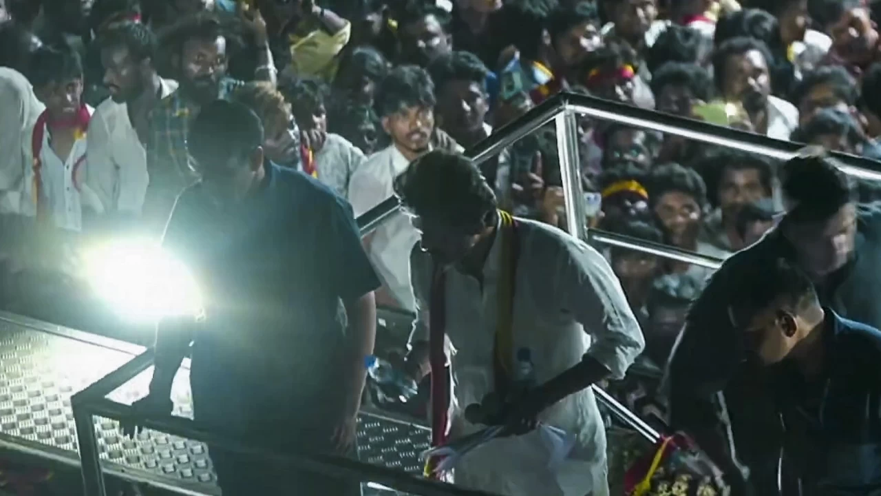 Tamilaga Vettri Kazhagam chief and actor Vijay pauses his speech after a stampede-like situation was witnessed during the rally
