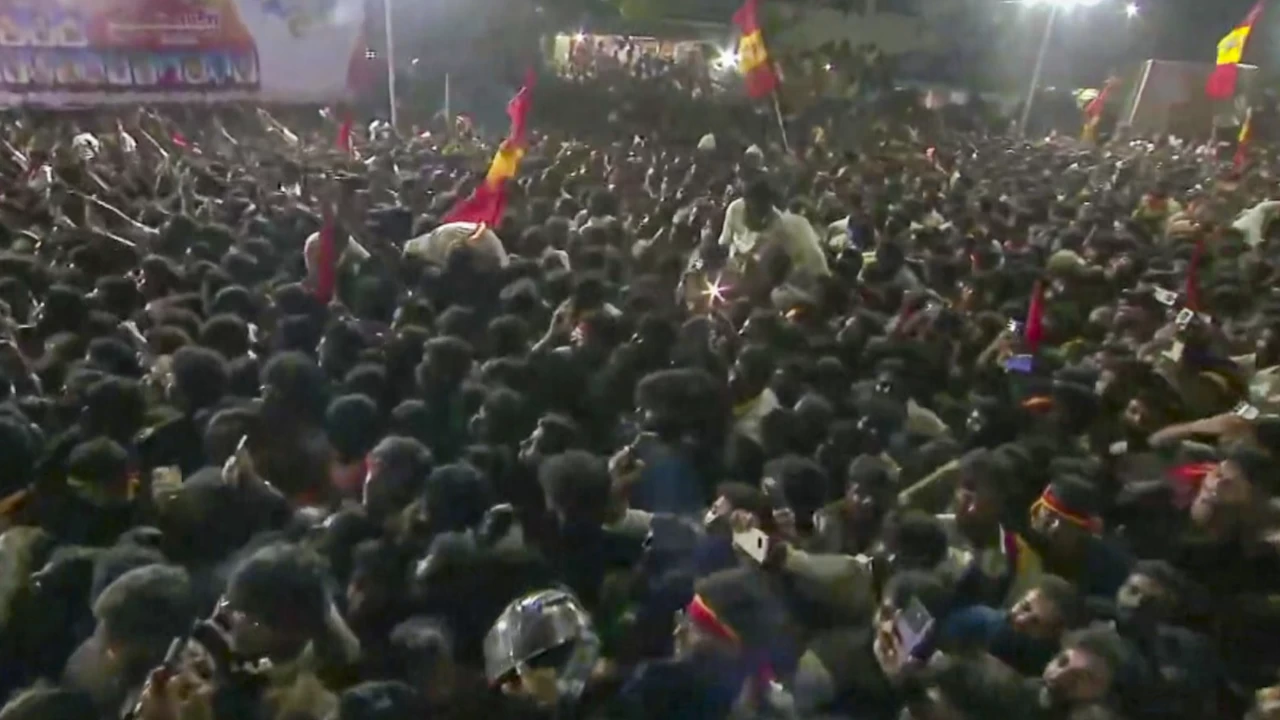 Overcrowded rally of Tamilaga Vettri Kazhagam chief and actor Vijay, in Karur district, Tamil Nadu, Saturday