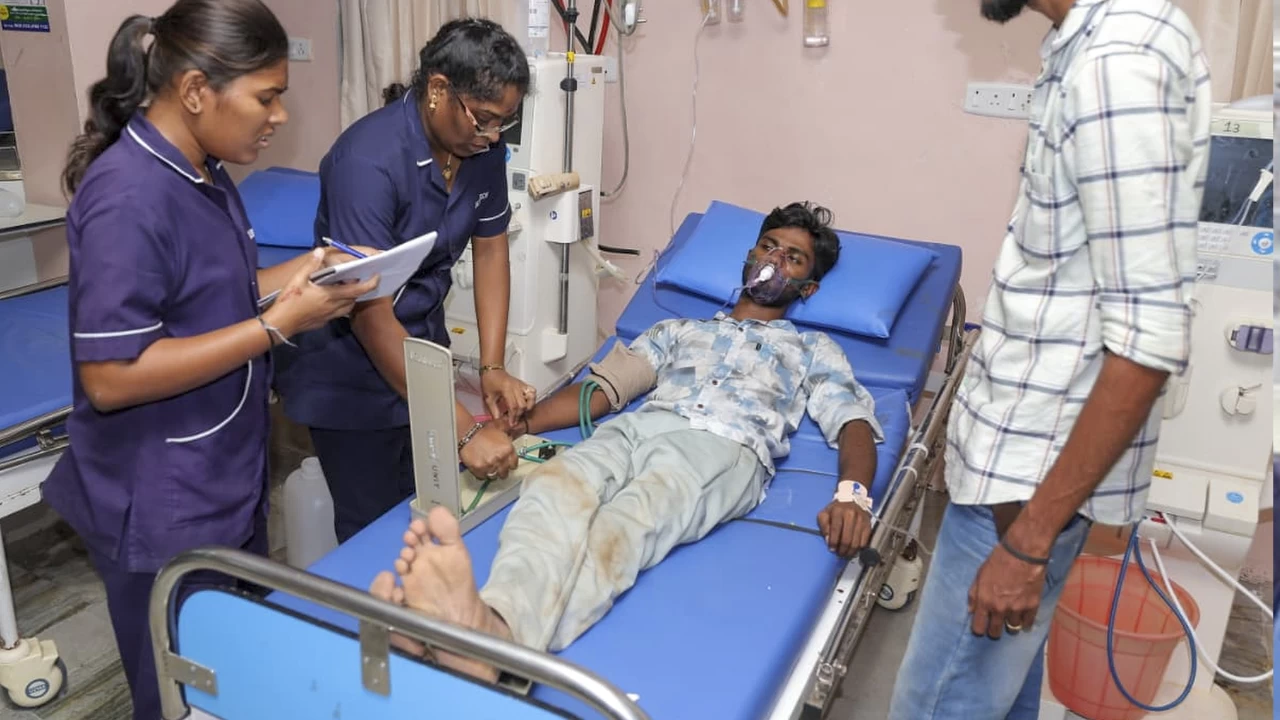 An injured  man receiving treatment at a hospital after a stampede occurred at TVK chief and actor Vijay's rally, in Karur district