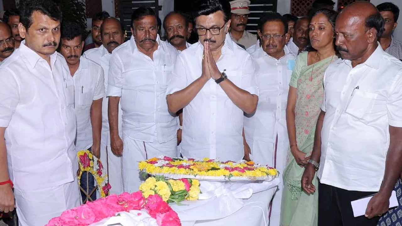 Tamil Nadu Chief Minister MK Stalin pays tribute to mortal remains of one of the victims, who died after a stampede at actor-politician Vijay's rally on Saturday 