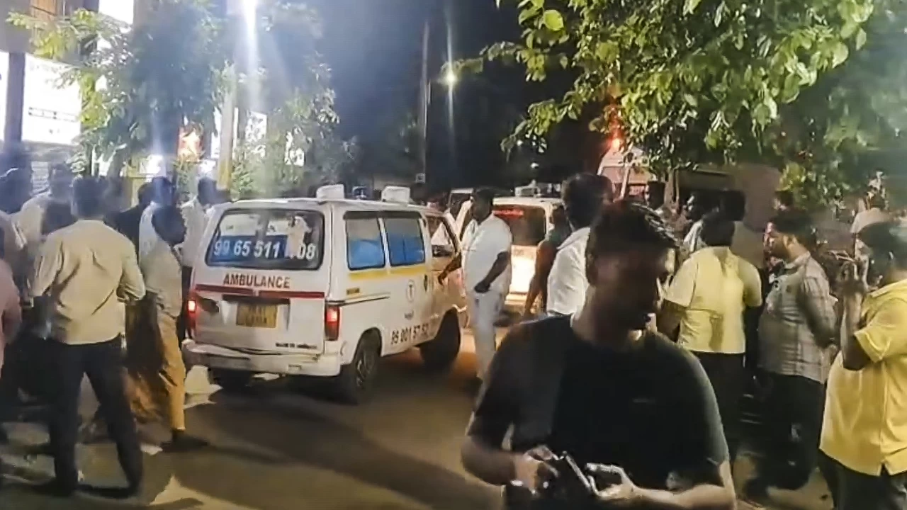 Victims being shifted to hospital after a stampede-like situation was witnessed during a rally in Karur, Tamil Nadu on Saturday