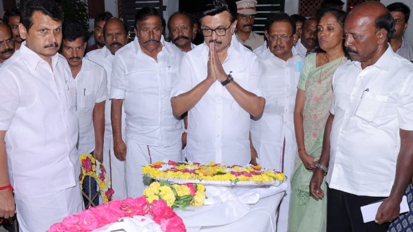 Tamil Nadu Chief Minister MK Stalin pays tribute to mortal remains of one of the victims, who died after a stampede at actor-politician Vijay's rally on Saturday 