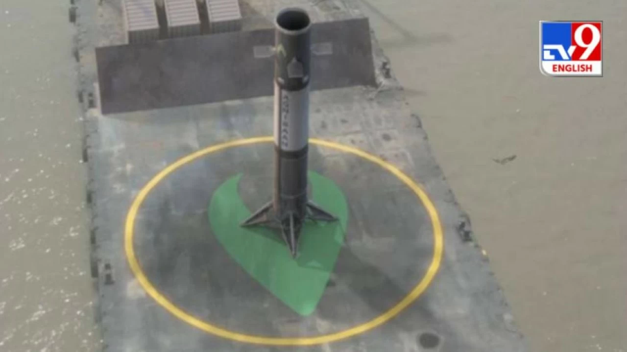 Rendering of an Agnibaan booster landing on a barge. 