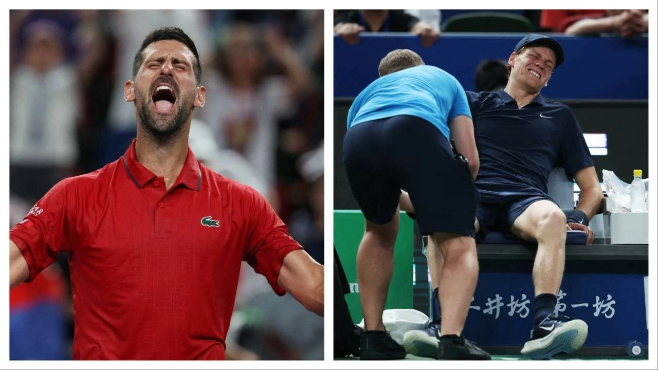 Djokovic celebrates hard-fought win as Sinner retires injured in Shanghai.
