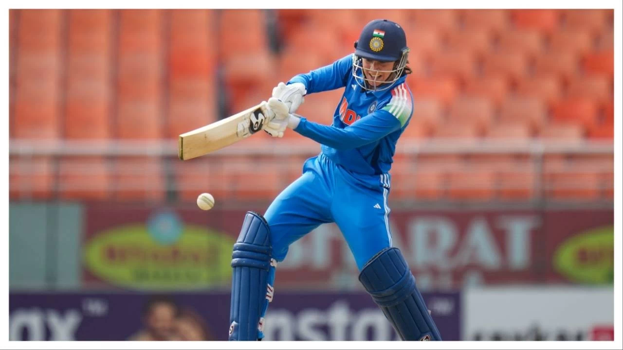 Smriti Mandhana plays a shot during the first ODI cricket match between India Women and Australia Women.