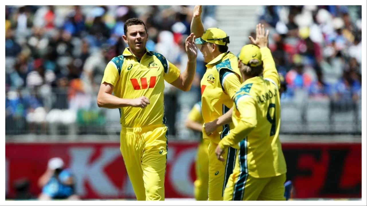 Australia's Josh Hazlewood celebrates in Perth on Sunday.

