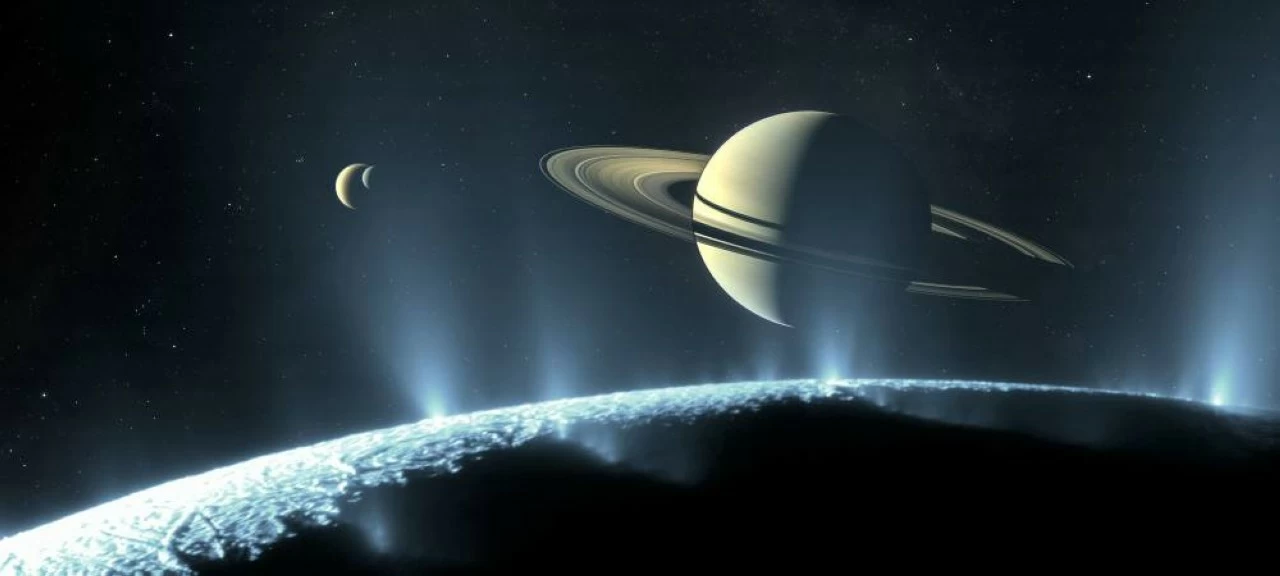A view of Saturn from Enceladus. 