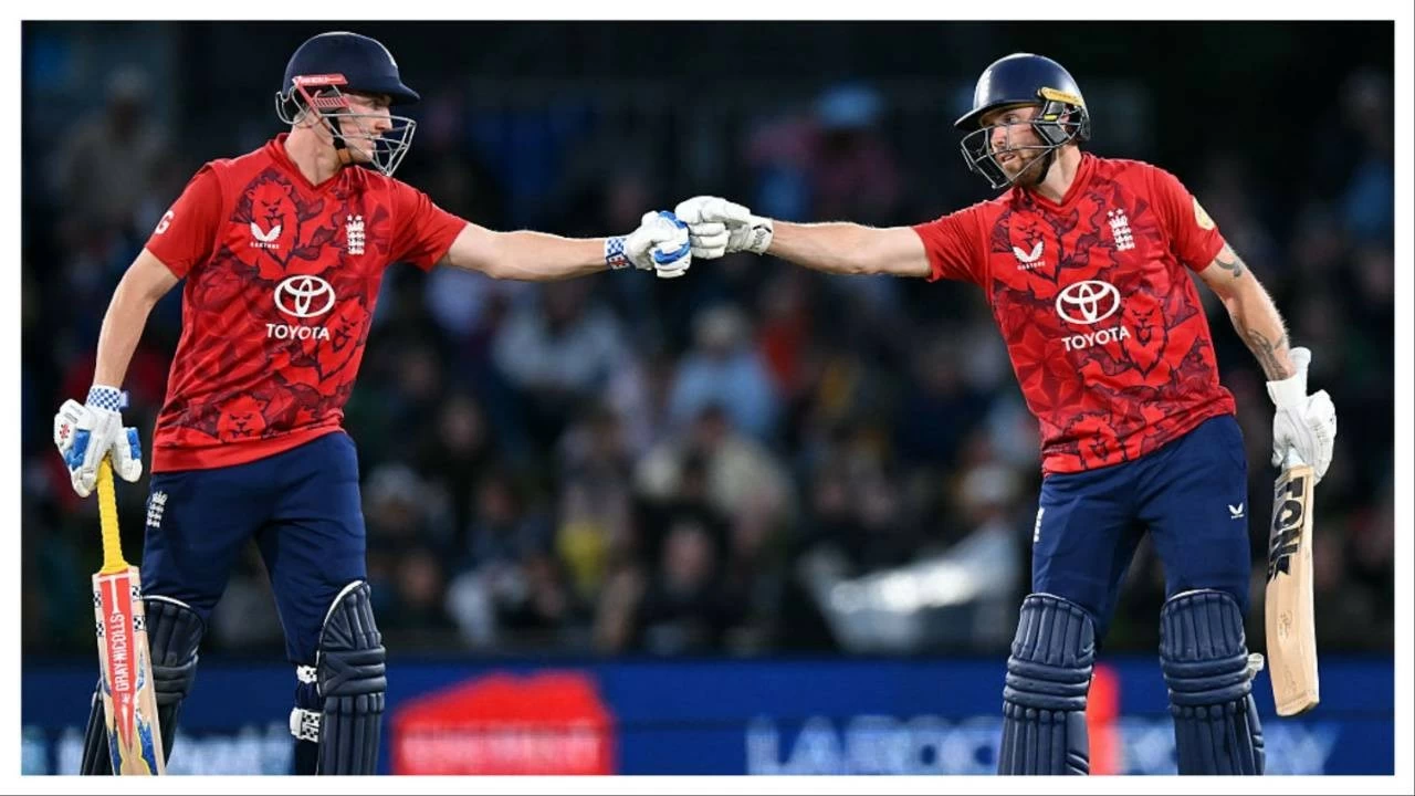 Phil Salt (right) with by Harry Brook of England after scoring a half century in Christchurch on Monday.