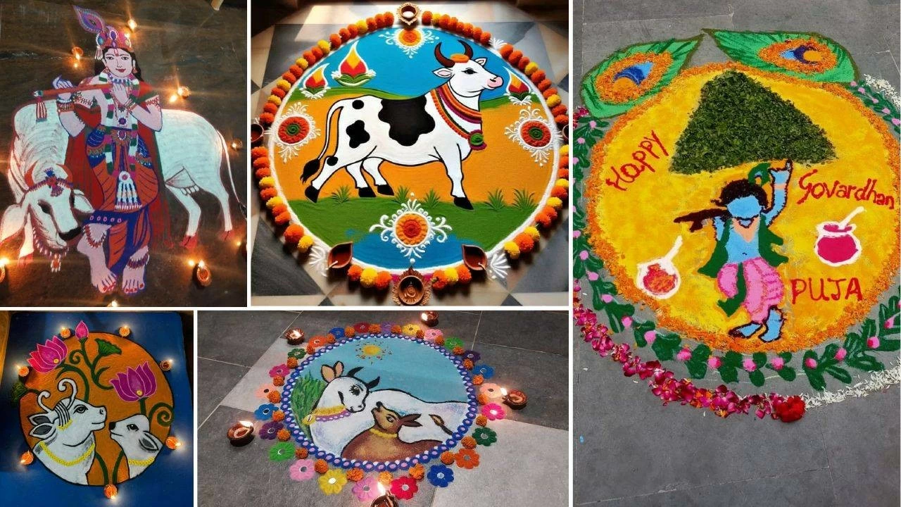 Vibrant Govardhan Puja rangoli design ideas
