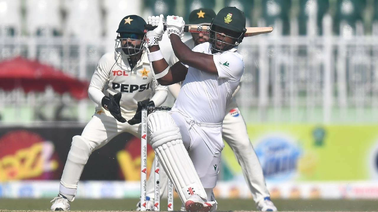Kagiso Rabada of South Africa bats on during day three of the Second Test in the series between Pakistan and South Africa at Rawalpindi Cricket Stadium on October 22, 2025 in Rawalpindi, Pakistan.