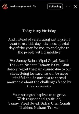 Samay Raina issues an apology to people with disabilities.