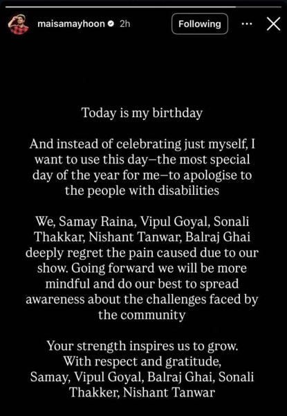 Samay Raina issues an apology to people with disabilities.