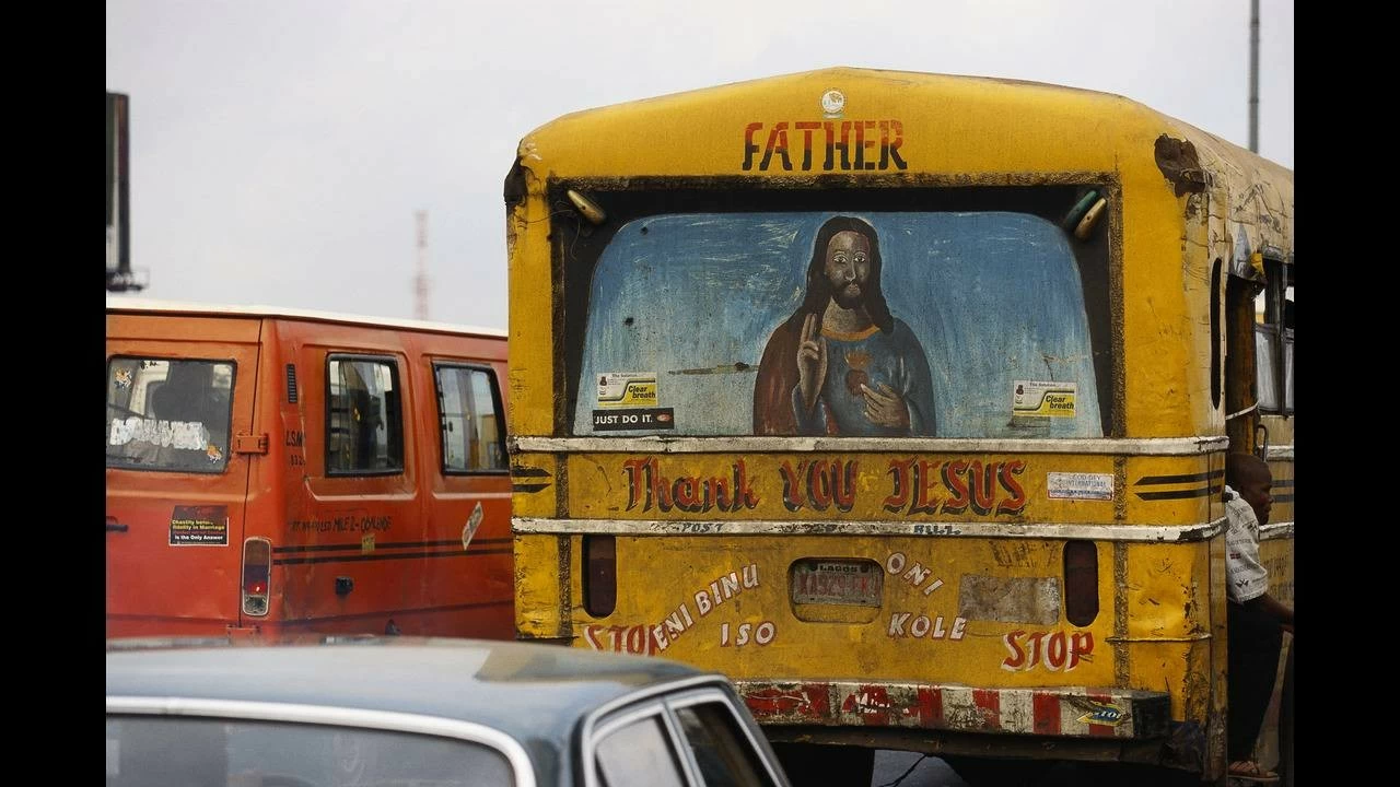 A painting of Jesus and the message "Thank You Jesus" on the back of a bus in Oshodi Market in Lagos.