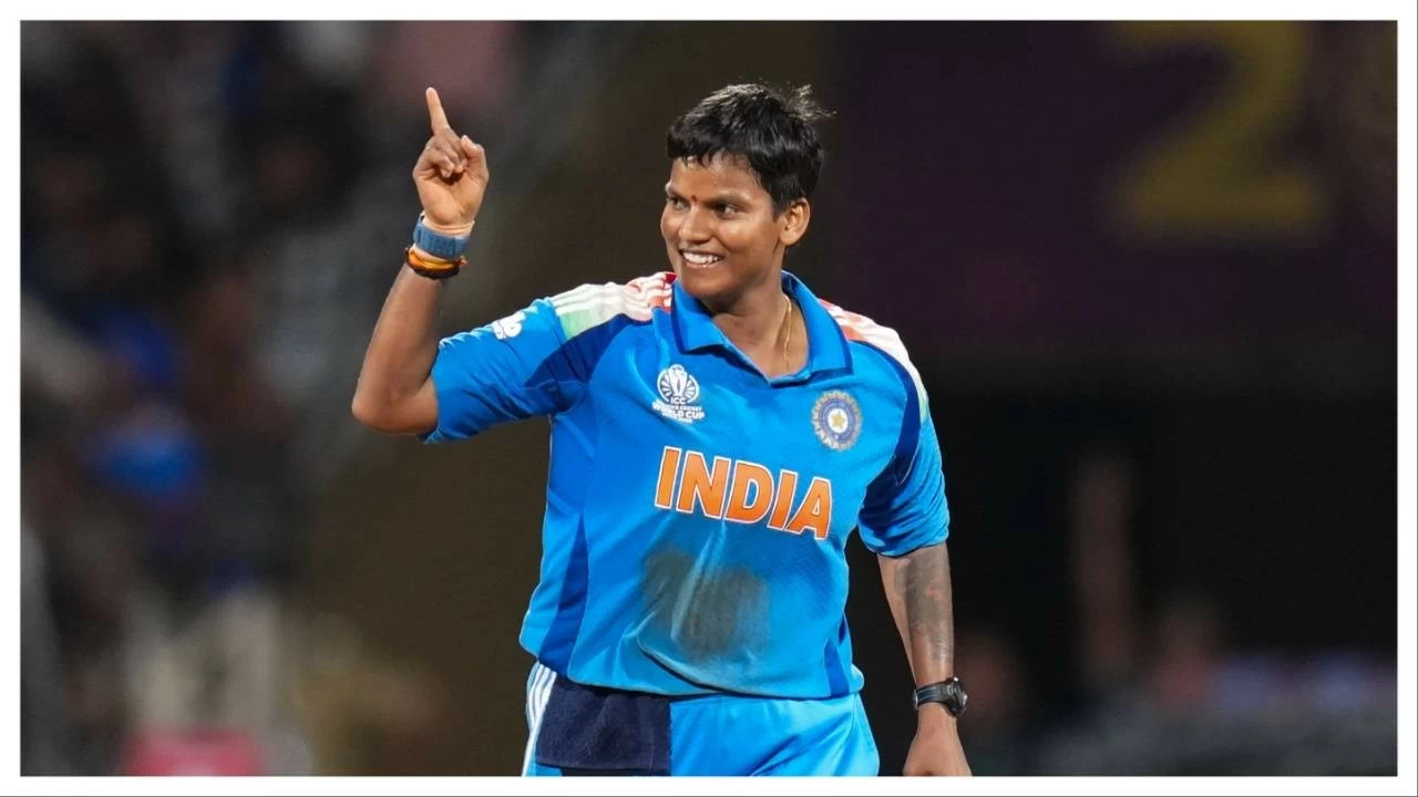 Deepti Sharma celebrates in Navi Mumbai on Sunday.
