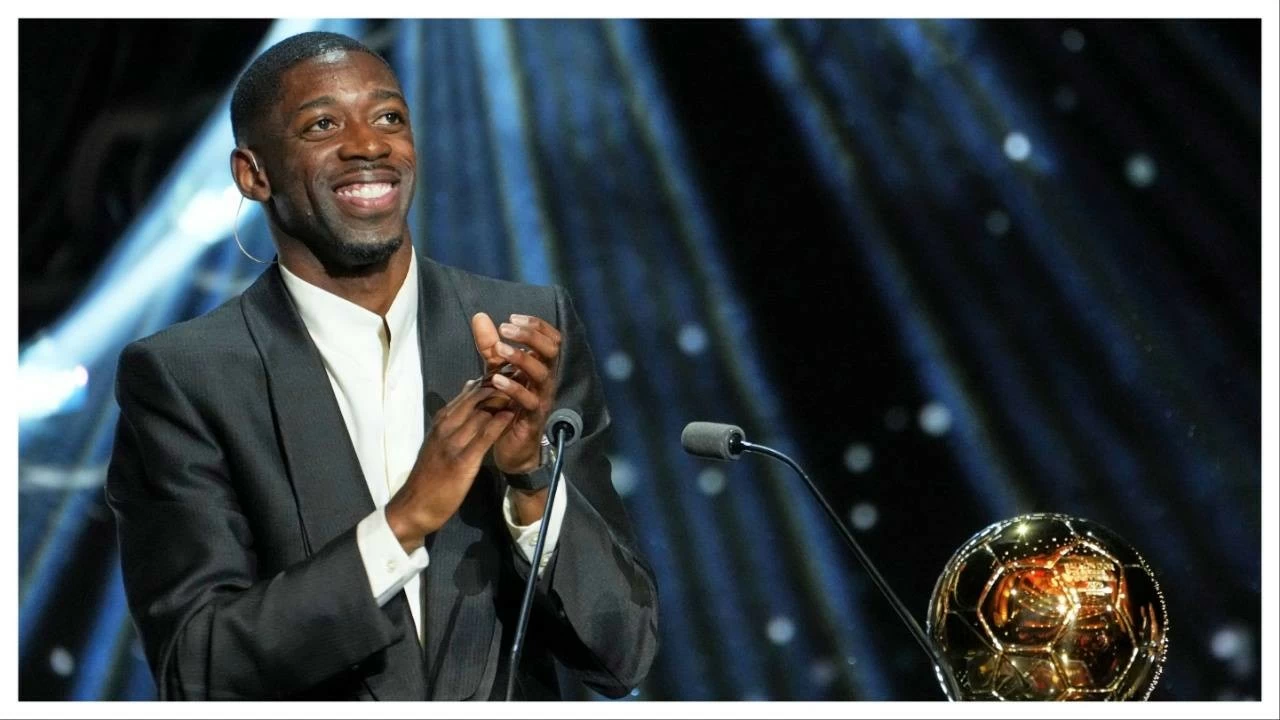 Paris Saint-Germain's Ousmane Dembele receives the 2025 Men's Ballon d'Or on Sept. 22.