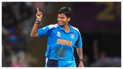 Deepti Sharma celebrates in Navi Mumbai on Sunday.
