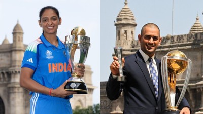 Harmanpreet Kaur recreated MS Dhoni&#039;s iconic pose with the World Cup trophy.