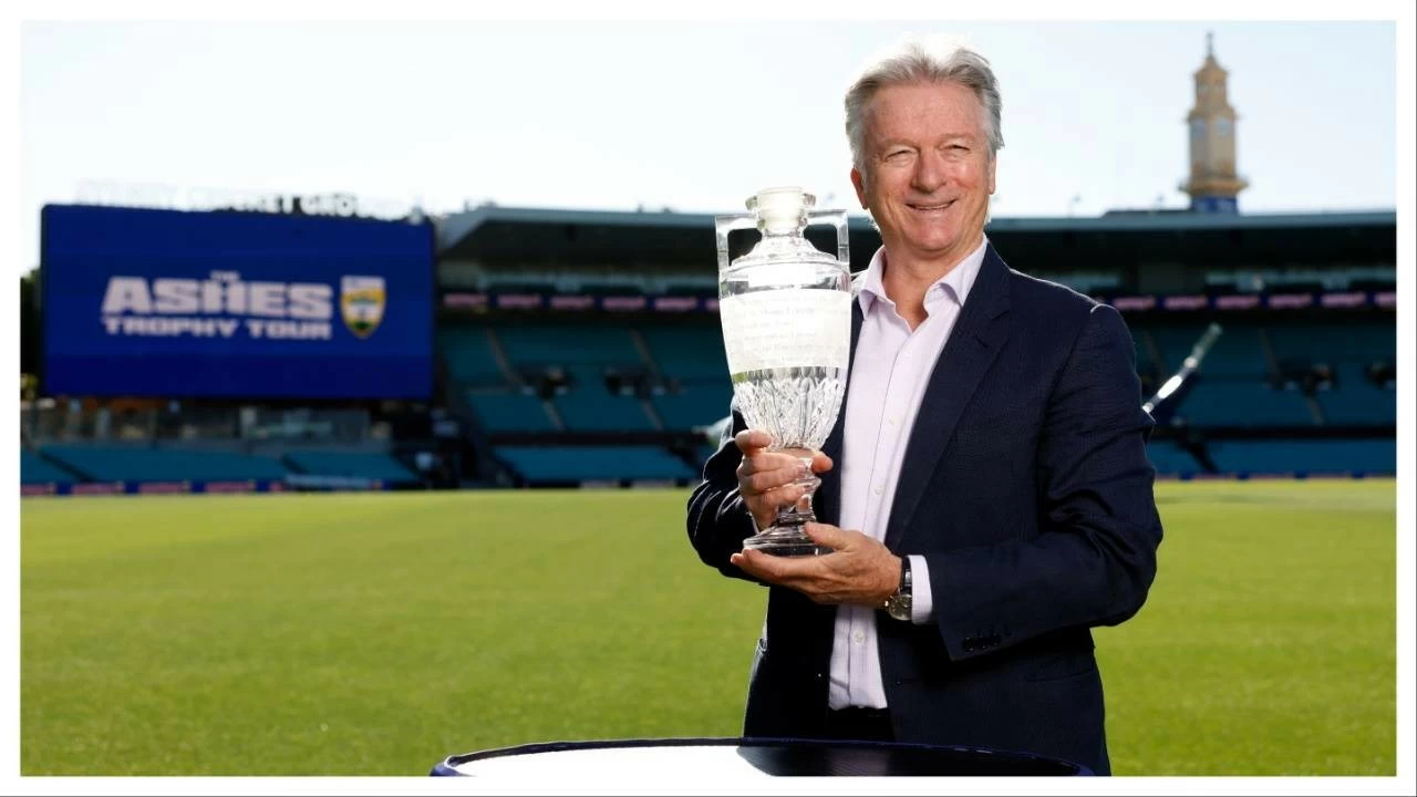 Steve Waugh poses with Ashes MCC Waterford Crystal trophy during the Ashes Trophy tour in Sydney.
